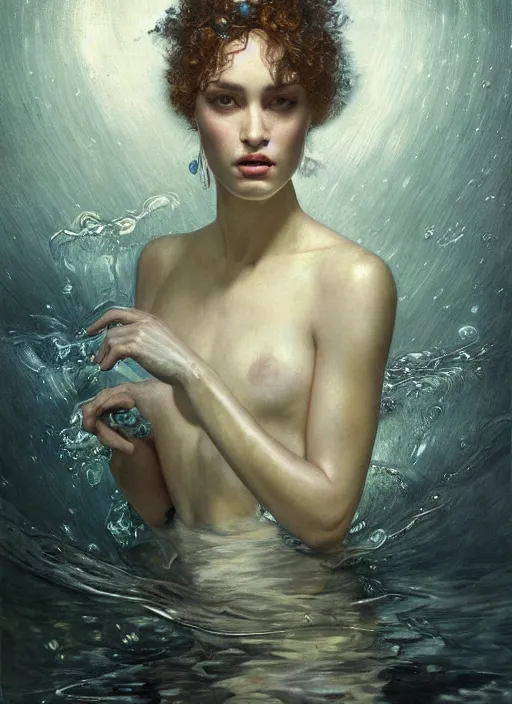 Prompt: highly detailed oil painting | very intricate | cinematic lighting | award - winning | elegant fabric, flowing underwater fashion by alexander mcqueen | by roberto ferri, by tom bagshaw, by j. c. leyendecker and klimt, american romanticism, by austin osman spare, artstation, cgsociety, official art, octane