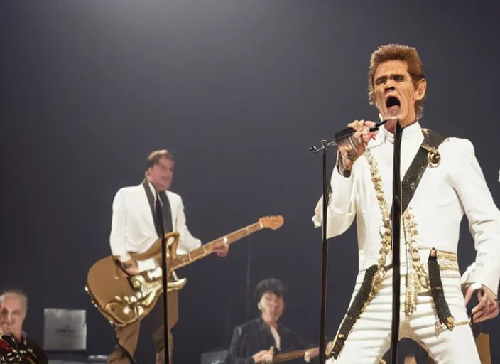 Image similar to film still of Willem Dafoe singing on stage in the new QUEEN movie, 4k