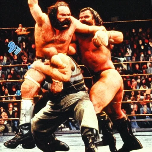 Image similar to karl marx!!!!! bodyslams friedrich nietzsche!!!!! in wwe championship match, 1 9 9 0 vintage photo, portrait, close - up, award - winning