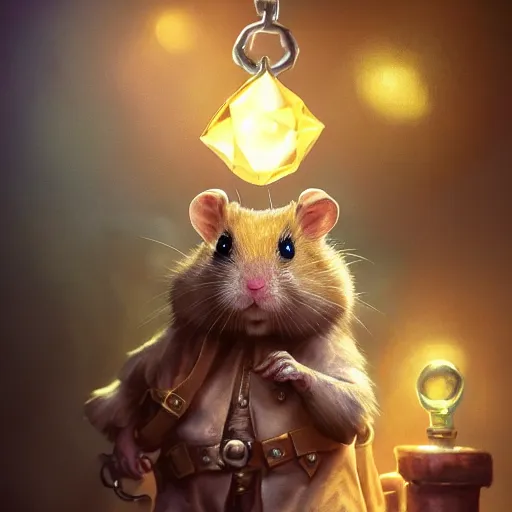 Image similar to oil painting of anthropomorphized hamster holding shiny gem, steampunk clothes, close shot, full body, dark steampunk mine shaft background, sharp focus, fantasy style, octane render, volumetric lighting, 8k high definition, by greg rutkowski, highly detailed, trending on art Station, dungeons and dragons artwork, centered