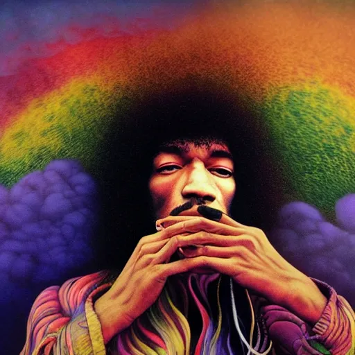 Image similar to colour masterpiece surreal closeup portrait photography jimi hendrix by miho hirano and annie leibovitz and michael cheval, psychedelic smoke background by kilian eng and roger dean and salvador dali and beksinski, 8 k