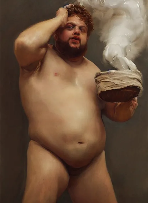 Image similar to beautiful oil painting portrait of hefty ethan van sciver as an ancient roman god holding up a steaming pie with one arm, art by anders zorn, wonderful masterpiece by greg rutkowski, expressive brush strokes, beautiful cinematic light, american romanticism by greg manchess, jessica rossier, wlop, artgerm, featured on artstation, cgsociety, award winning