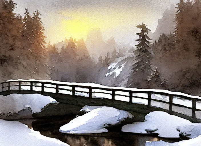 Prompt: watercolor of faraway dinosaur on rustic stone bridge in winter landscape, glistering, high detailed art by dennis miller bunker, work by anders zorn, wonderful masterpiece by greg rutkowski, beautiful cinematic light, american romanticism by greg manchess, creation by tyler edlin