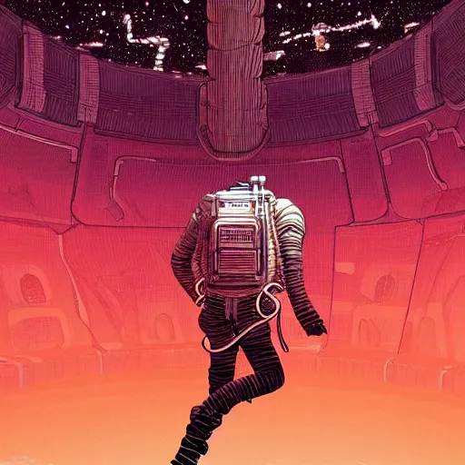 Prompt: !dream Stunningly intricate illustration of a scared astronaut explorer running in Mars trough 3 columns of white neon light of infinite height, highly detailed, midnight, by Victo Ngai and James Gilleard , Moebius, Laurie Greasley