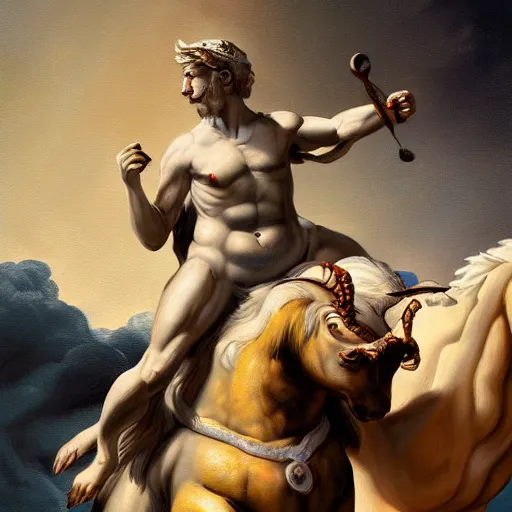 Image similar to a beautiful impasto oil painting of europa riding on zeus as a taurus by andy warholl, digital art