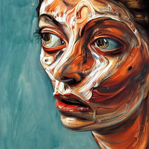 Prompt: high quality high detail painting of a ballerina in agony by lucian freud and jenny saville and francis bacon, hd, dark demonic dancer, turquoise and orange