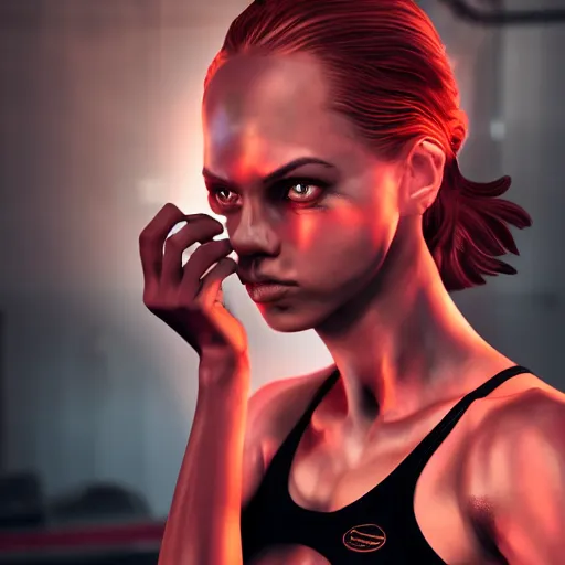 Prompt: woman in a dark factory, detailed face portrait, detailed sports bra, beautiful eyes, digital art, trending on artstation, by dan mumford, volumetrics, octane render