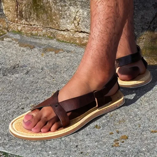 Image similar to sperry brown leather sandals with extremely long toe points, photorealistic