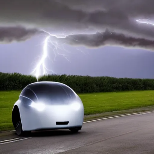 Prompt: futuristic flying car circumscribed by a circle made of lightning in storm clouds, 300mm dramatic photo