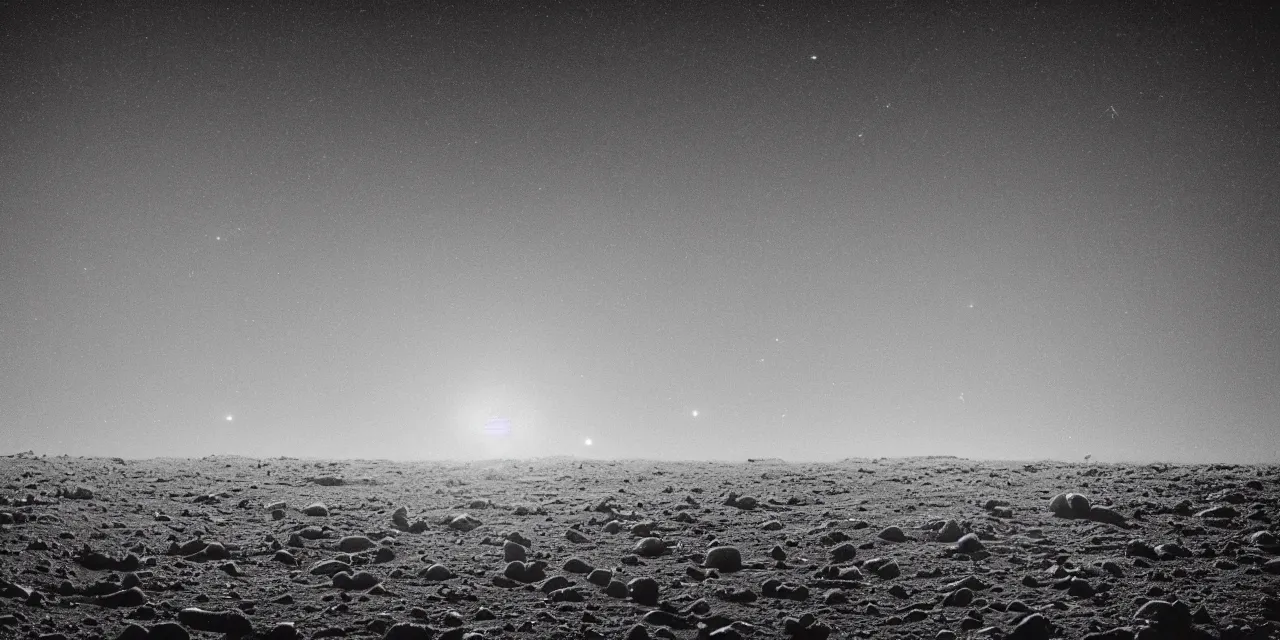 Image similar to view from the surface of the moon, cinematic film still, film grain, looking up at tall white space, glowing landing lights on spaceship, stars and space in the background, fog and dust, full frame photography