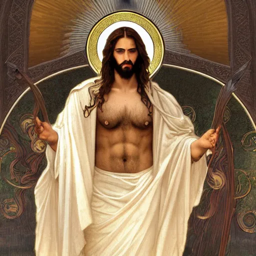 Image similar to an extremely detailed illuminated manuscript of a ridiculously good looking jesus that looks like a jewish gigachad, long curly hair, elegant ancient greek dress, very detailed, windy beach, beautiful, intricate, cinematic, artstation, william bouguereau, alphonse mucha, greg rutkowski, rossdraws, octane render