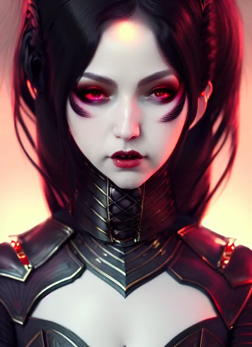 Image similar to full plate armor!!! beautiful and elegant dark hair female vampire!! gorgeous ayes!! character concept art, sharp focus, octane render! unreal engine 5! highly rendered!! trending on artstation!! detailed linework!! illustration by artgerm, wlop, and chie yoshii