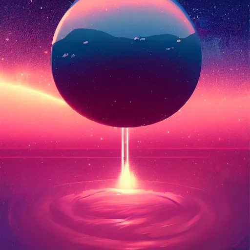 Prompt: a floating island in space, water flowing, surrounded by nebula, by alena aenami