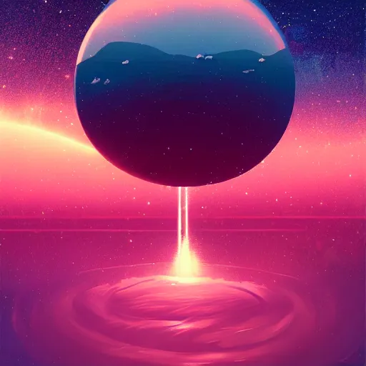 Image similar to a floating island in space, water flowing, surrounded by nebula, by alena aenami