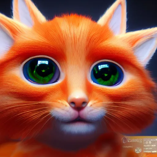 Image similar to orange kitten big eyes a lot of fur cute highly detailed high - quality photo realistic 8 k octane render blender