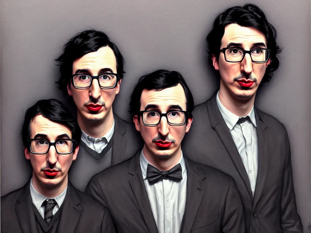 Image similar to photo booth, painting of both john oliver and adam driver together, john oliver in front, full body, elegant, beautiful, highly detailed, centered, dark, smokey, digital painting, concept art, smooth, sharp focus, illustration, deviant art, art by artgerm, art by greg rutkowski, art by alphonse mucha