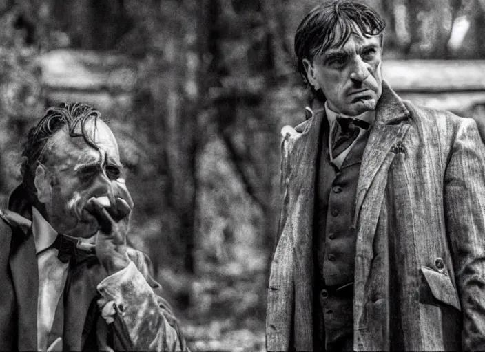 Image similar to an dramatic scene from the movie scarface, medium long shot, costumes from peaky blinders, filmed in the dark woods, a cabin in the background, al pacino and daniel day - lewis, sharp eyes, serious expressions, detailed and symmetric faces, black and white, cinematic, epic,