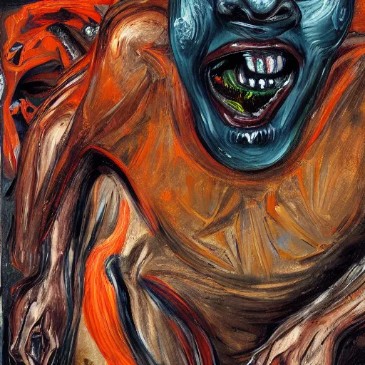 Prompt: high quality high detail painting of a dark figure screaming with large teeth by lucian freud and picasso and jenny saville and francis bacon, hd, dark demonic dancer, turquoise and orange