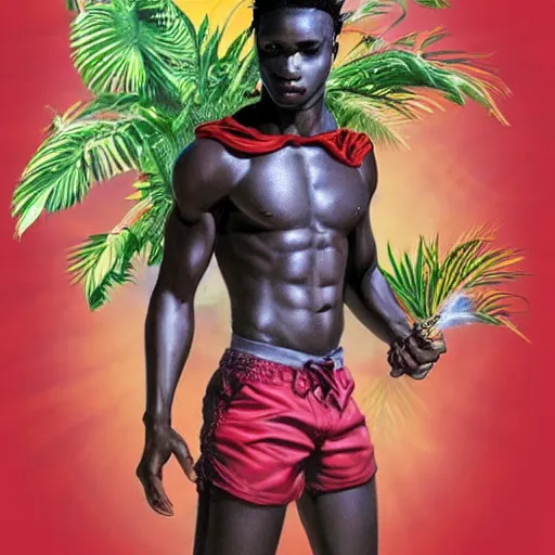 Prompt: black young man, one legged, fit, with red hood, yellow eyes, smoking a pipe, rastafari hair, red shorts, bare foot, Amazon rainforest background, crescent moon, river, art by artgerm, photo realistic, magical aura, cool pose