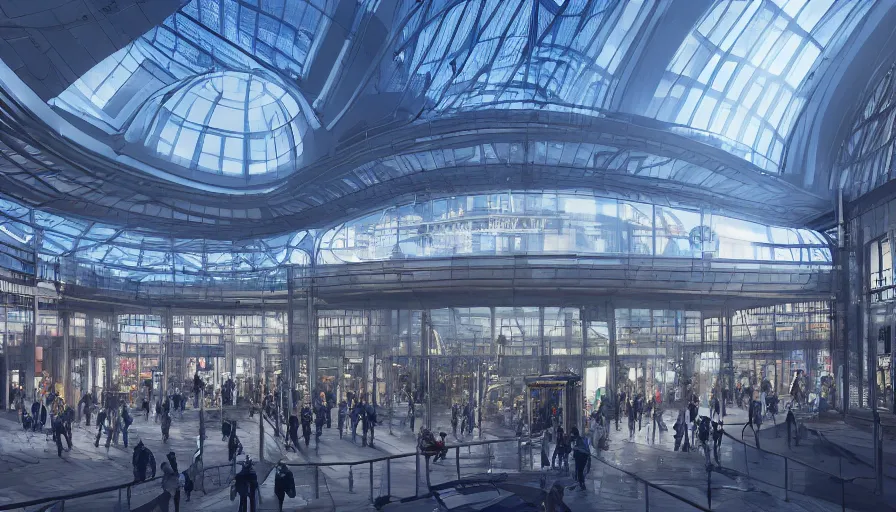 Prompt: futuristic charleroi, belgium with huge white glass metallic dome train station, crowded square, exterior, blue light, volumetric light, hyperdetailed, artstation, cgsociety, 8 k