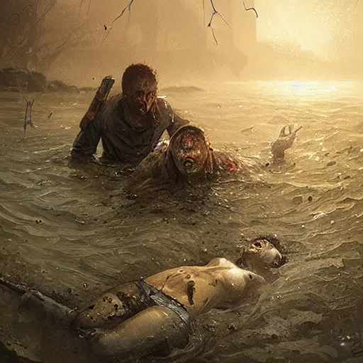 Image similar to a man fainted underwater in a zombie apocalypse by greg rutkowski