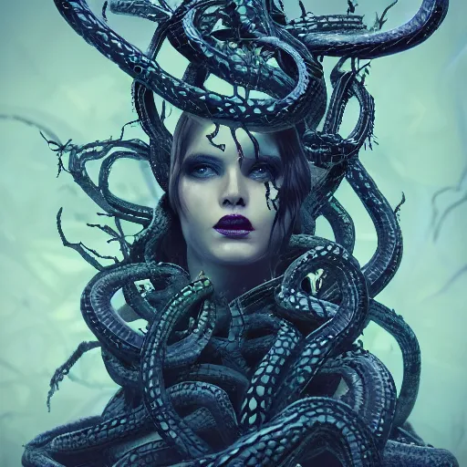 Image similar to dark queen of snakes, crown of snakes, blue skin, realism, dark fantasy, surrounded by thorned vines, octane render, artstation