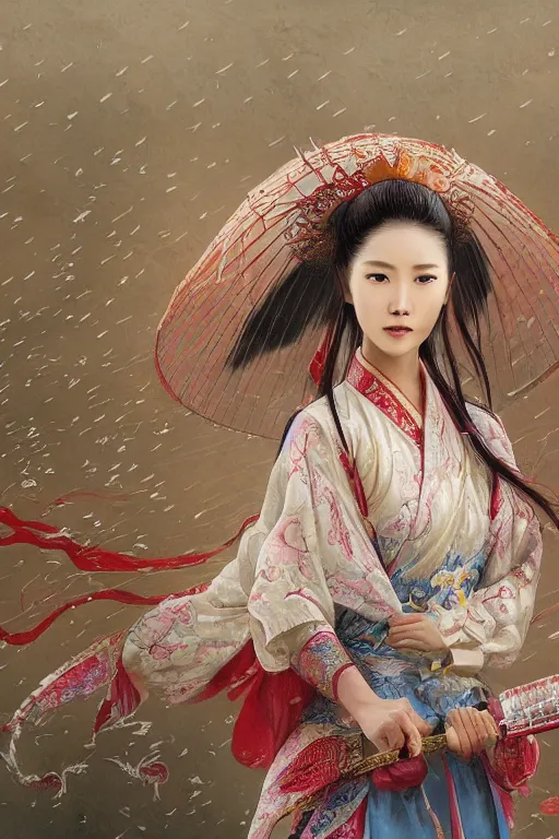 Image similar to portrait wuxia sword dance Asian Girl, Chinese costume, in forbidden City Rainning, flowers sea everywhere, ssci-fi, fantasy, intricate, very very beautiful, elegant, highly detailed, digital painting, artstation, concept art, smooth, sharp focus, illustration, art by tian zi and WLOP and alphonse mucha