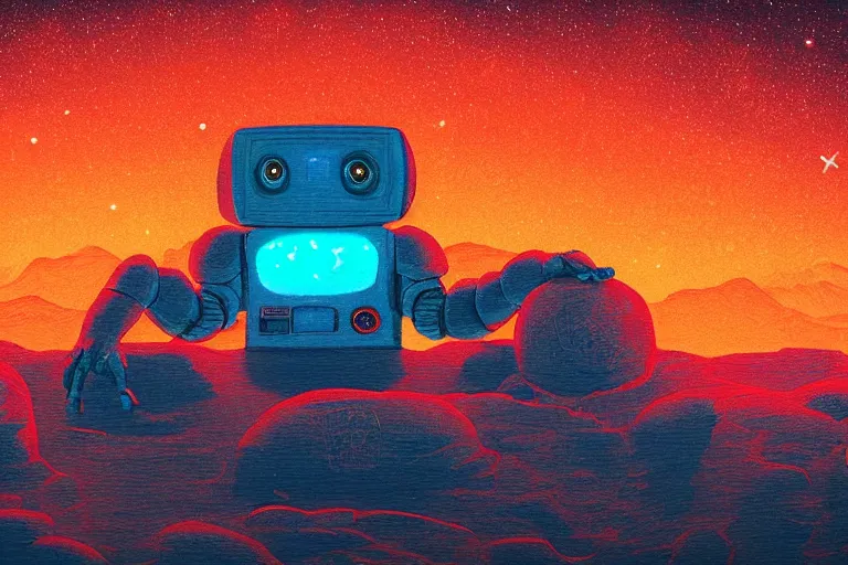 Image similar to a cozy robot laying on mars in the style of flooko, acrylic, art, detailed, moonlight, bokeh, synthwave, phychedelic, glitch, neon, retro, galaxy, glow, ambient lighting, cinematic lighting,