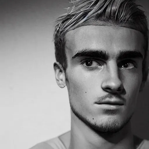 Image similar to “ a realistic detailed photo of a guy who is an attractive humanoid who is half robot and half humanoid, who is a male android, soccer player antoine griezmann, shiny skin, posing like a statue, blank stare, on the bed, on display ”