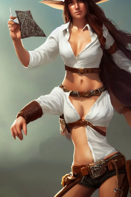 Image similar to full body, female cowgirl, perfect face, white blouse, holster, 8 k, magic the gathering, desert, d & d, artstation, high detail, smooth, muscular