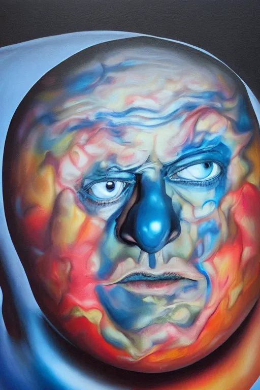 Image similar to hyperrealism surrealism acrylic painting, aerosol splashes on paper, close - up portrait of bowling ball - man