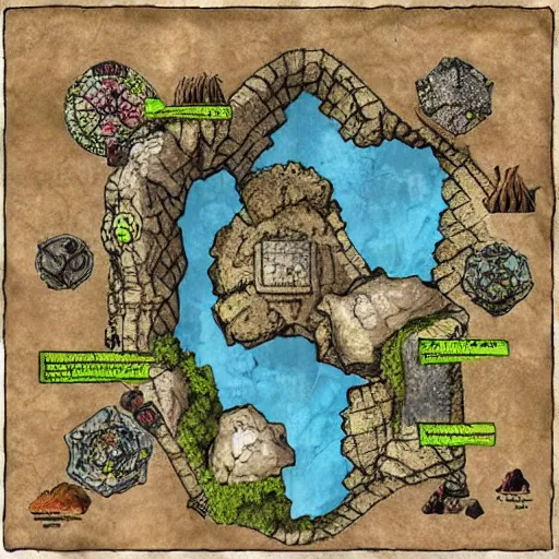 Prompt: top down dungeons and dragons map of a cave