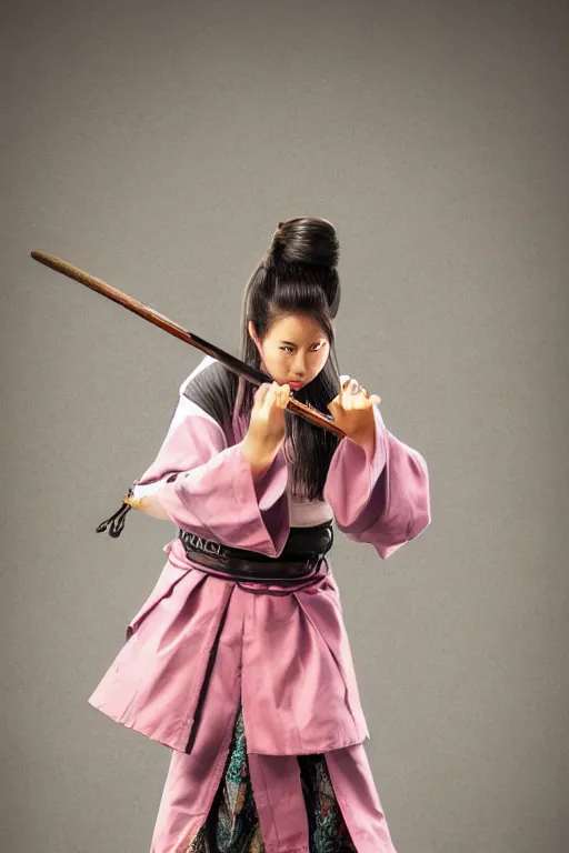 Image similar to highly detailed beautiful photo of a young female samurai, practising sword stances, symmetrical face, beautiful eyes, realistic anime art style, 8 k, award winning photo, pastels, action photography, 1 / 1 2 5 shutter speed, dramatic lighting