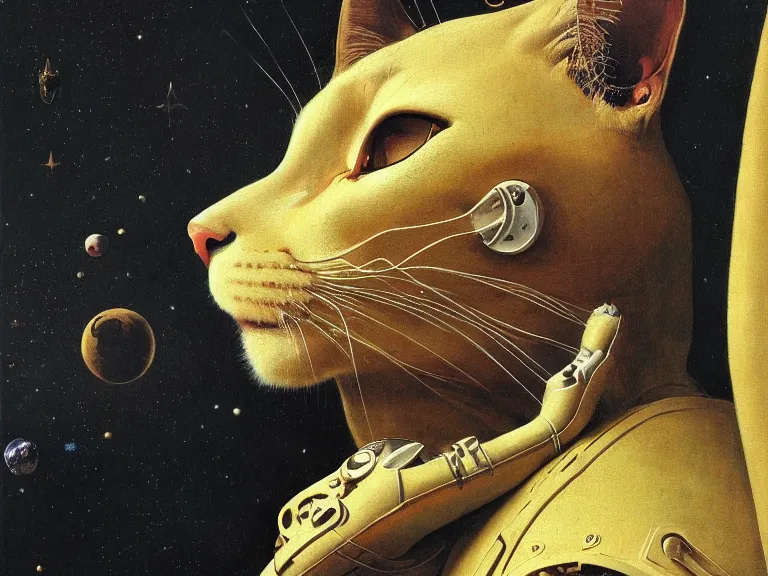 Prompt: a detailed profile painting of a cat in a spacesuit, symmetrical and science fiction theme by beksinski carl spitzweg and tuomas korpi. baroque elements, full-length view. baroque element. intricate artwork by caravaggio. Trending on artstation. 8k