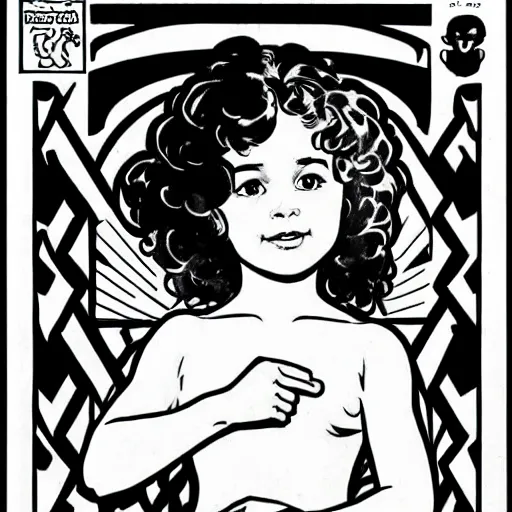 Image similar to clean simple line art of a little girl with wavy curly hair. white background. well composed, clean black and white line drawing, beautiful detailed face. illustration by steve ditko and jack kirby and alphonse mucha