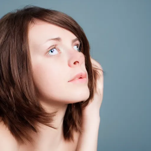 Prompt: studio photo, young woman, side view, short brown hair, blue eyes, crying