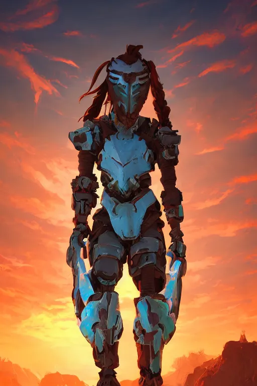 Image similar to combination suit armor aloy horizon forbidden west horizon zero dawn radiating a glowing aura global illumination ray tracing hdr fanart arstation by ian pesty and alena aenami artworks in 4 k tribal robot ninja mask helmet backpack