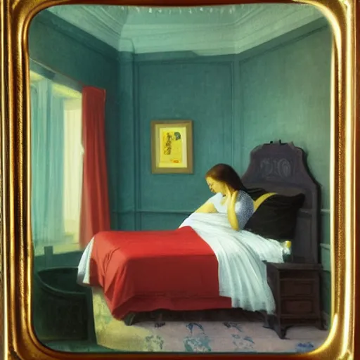 Image similar to a beautiful young girl in a gold and ivory hotel room, daguerreotype by edward hopper, by henri rousseau, by Bosch, art noveau, highly detailed, strong lights, liminal, eerie, Bright pastel colors, octane render, 8k,