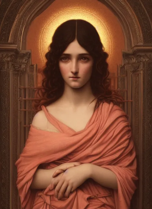 Prompt: beautiful art portrait by John William Godward and Anna Dittman depicting saint mary, evening, atmospheric lighting, intricate detail, cgsociety, hyperrealistic, octane render, ambient light, dynamic lighting