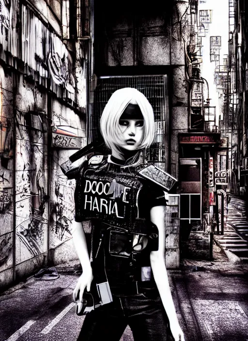 Prompt: portrait photo, 3 5 mm lomography, female doorwoman, gang clothing fashion, id magazine, by david bailey, hyperrealism, detailed textures, photorealistic, cyberpunk apocalyptic city, ultra realistic, cinematic, intricate, cinematic light, 8 k, david la chapelle, david kostic, artgerm