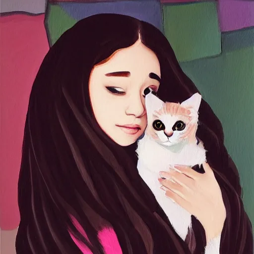 Prompt: ariana grande holding an extremely annoyed, hissing cat, painting by 奈 良 美 智