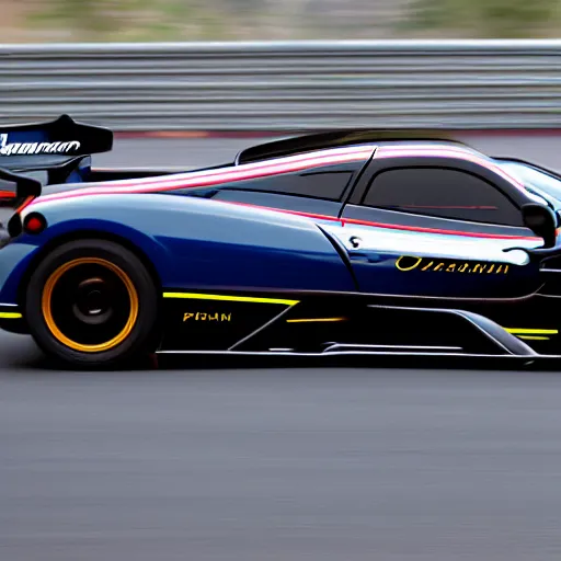 Prompt: pagani zonda on a street race track, motion blur, 3 0 0 mm photography, car photography, clean lines, realistic