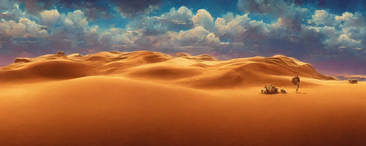 Prompt: ” endless sand dunes, [ art by paul lehr, cinematic, detailed, epic, widescreen, opening, establishing, mattepainting, photorealistic, realistic textures, octane render ] ”