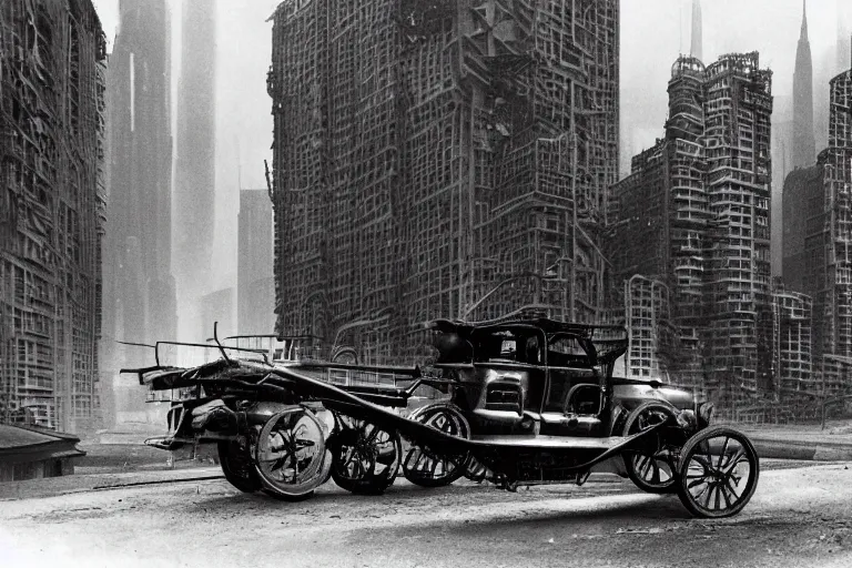 Image similar to cyberpunk 1 9 0 8 model ford t by paul lehr, metropolis, parked by view over city, vintage film photo, robotic, black and white photo