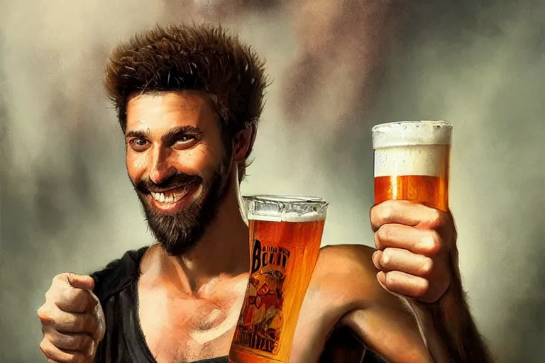 Prompt: a young man holding a beer giving a thumbs up with a long beard, airbrush painted, 80s poster, detailed, uncropped, painted by Bastien Lecouffe-Deharme