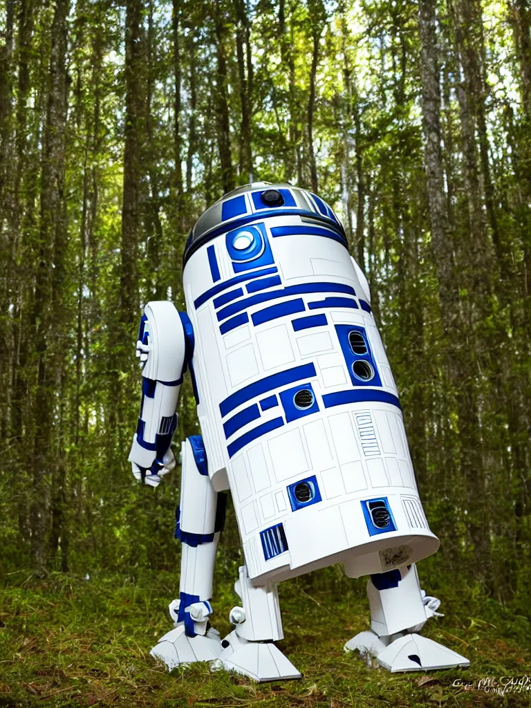 Image similar to still of a stormtrooper R2-D2, standing in the forest, golden hour, high quality, sigma 55mm, full body shot, ewoks