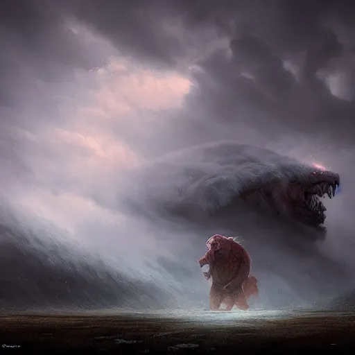 Image similar to giant monster by grzegorz rutkowski, atmospheric haze, stormy, tundra, princess in foreground, large scale