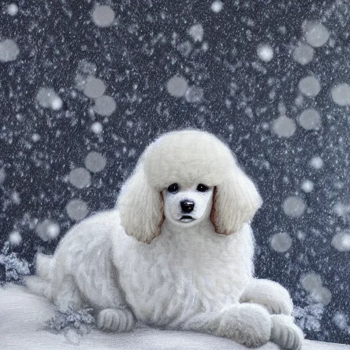 Prompt: cute fluffy white poodle puppy sitting in snowy winter landscape detailed painting 4k