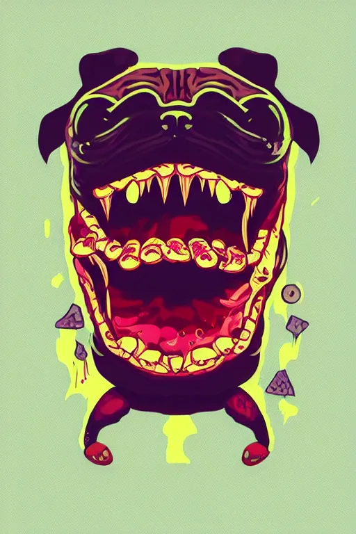 Image similar to demon pug eating flesh. art by mike winkelmann, sticker, colorful, illustration, highly detailed, simple, smooth and clean vector curves, no jagged lines, vector art, smooth