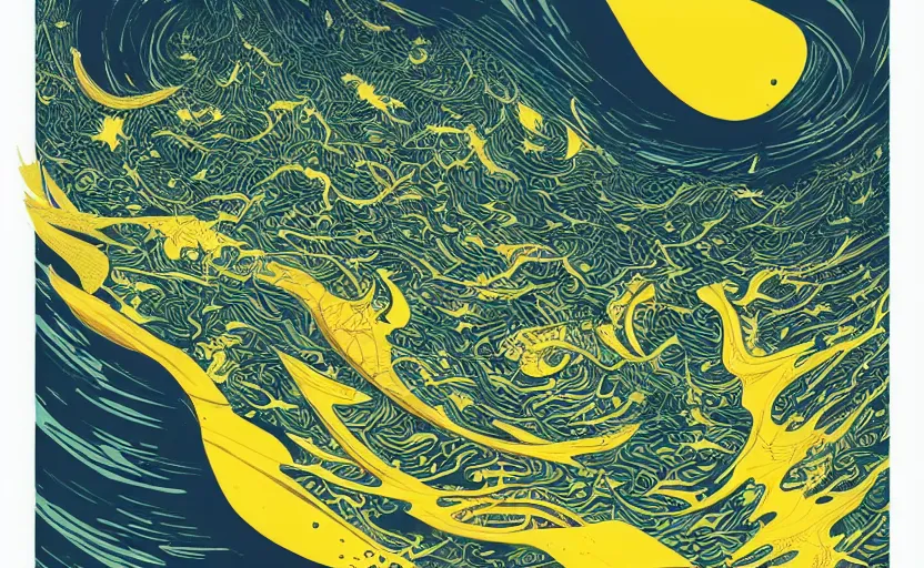 Image similar to dark ocean, complex patterns, yellow, artstation, intricate, realistic, highly detailed, digital painting, concept art, sharp focus, illustration by tom whalen and charles williams and kilian eng and james jean